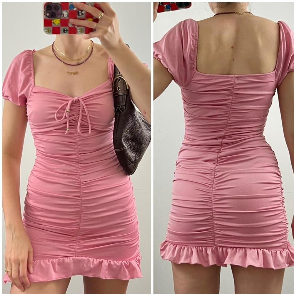 City Triangles Pink Milkmaid Mini Dress Ruched Short Sleeve